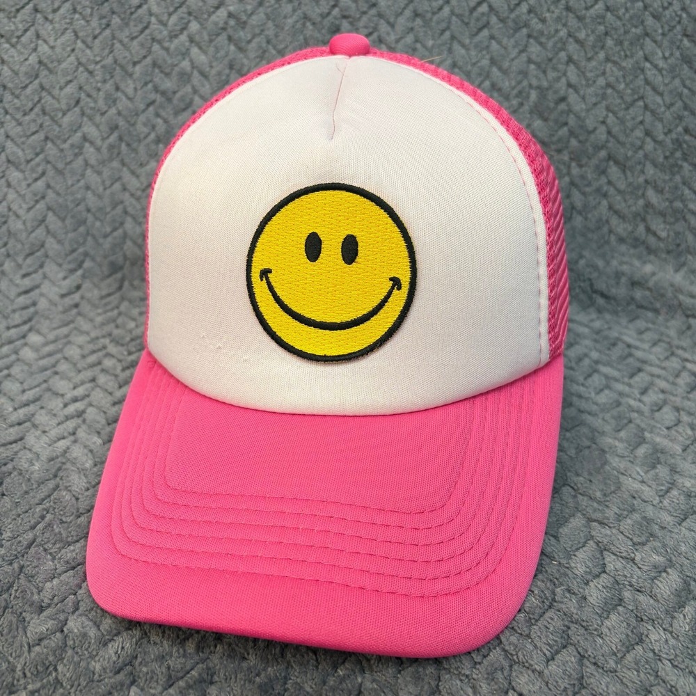 UNBRANDED Trucker Hat Smiley Face Unisex OSFM Pink White Mesh Snapback